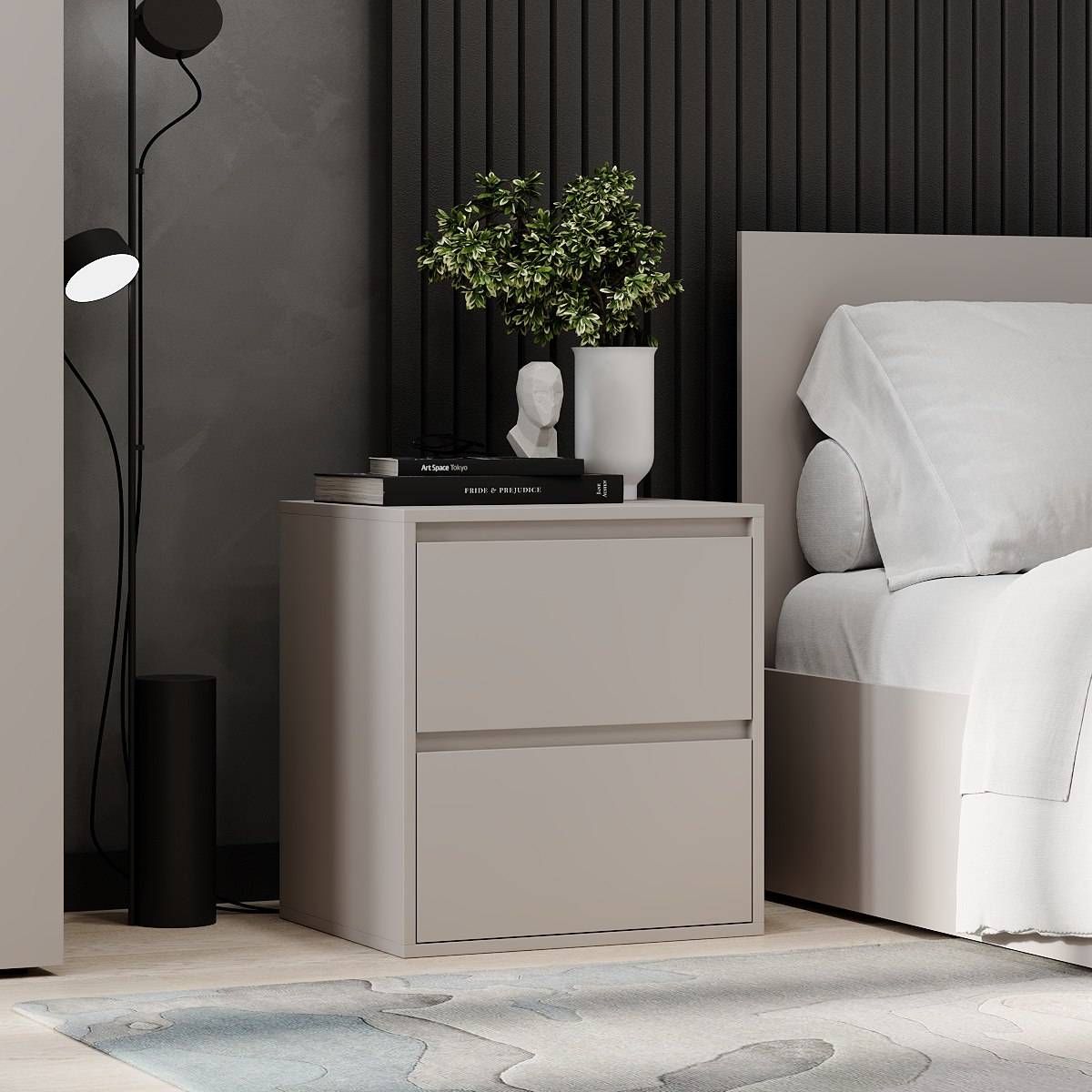 Light modular bedroom: European single bed frame and bedside table – Cashmere