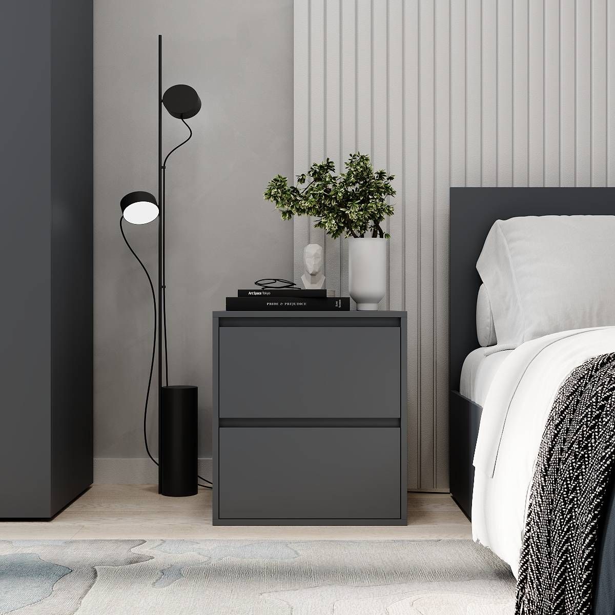 Light modular bedroom: European single bed frame and bedside table – Graphite