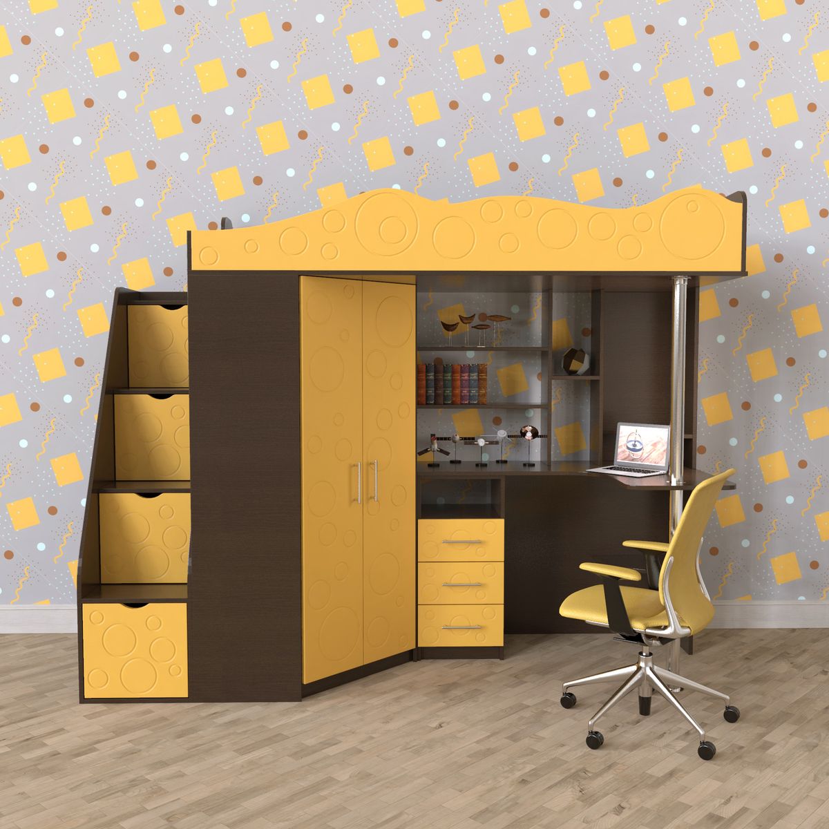 Binky DS37A Loft Bed with Stairs 233x180x83 cm – Wenge / Ocher yellow