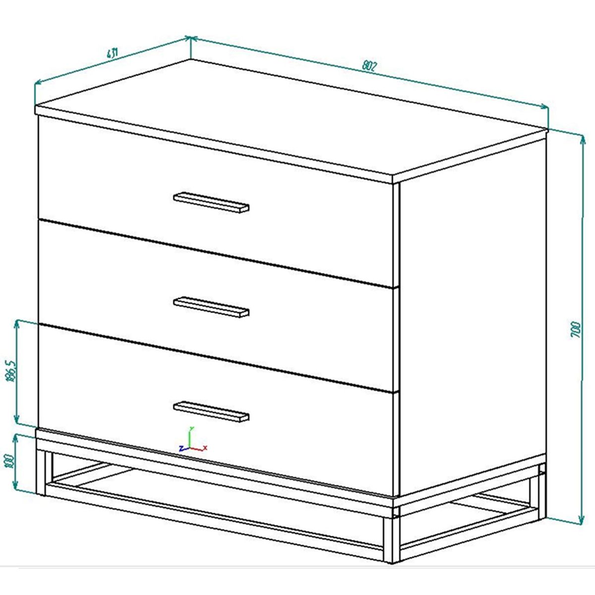 Ascet loft-style 3 drawer dresser 80x70x42.5 cm - measurements