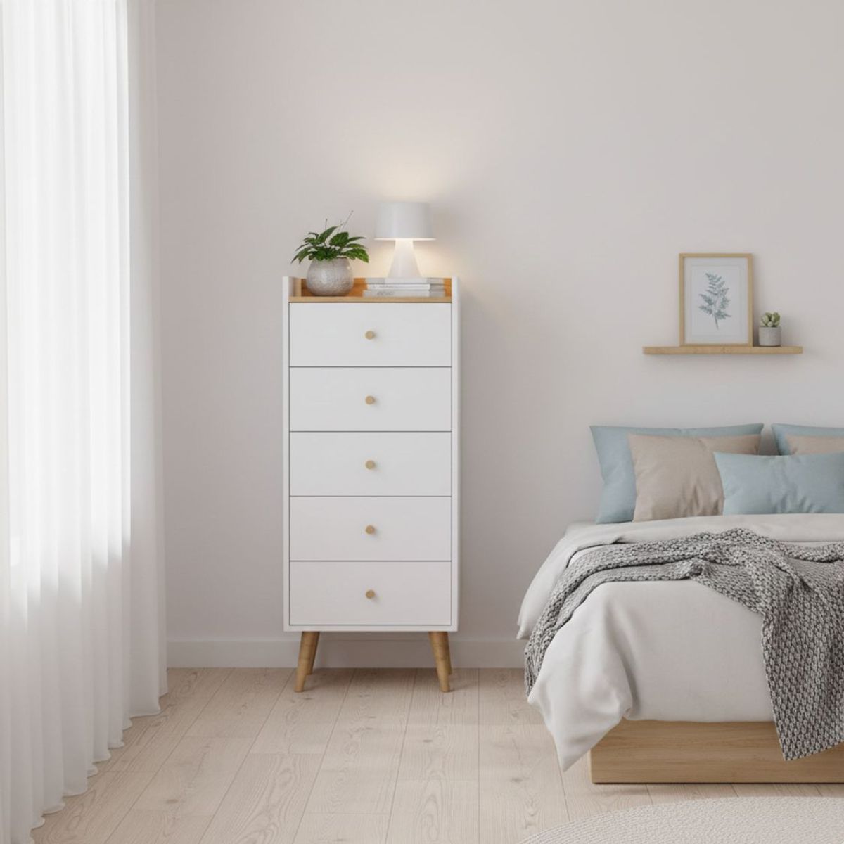 Asgard 5 narrow chest of drawers 50x126.5x40 cm – Craft Gold Oak / White Diamond