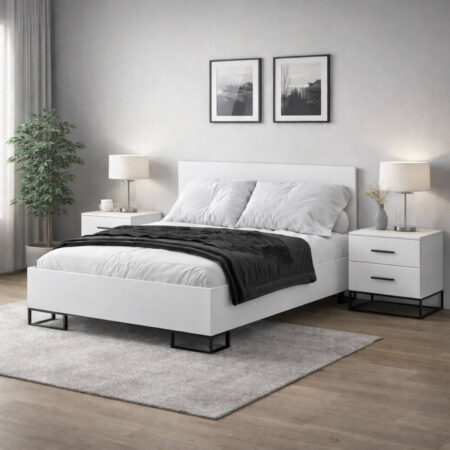 Ascet bedroom set: king-size bed frame 160x200 and 2 bedside tables – White Diamond