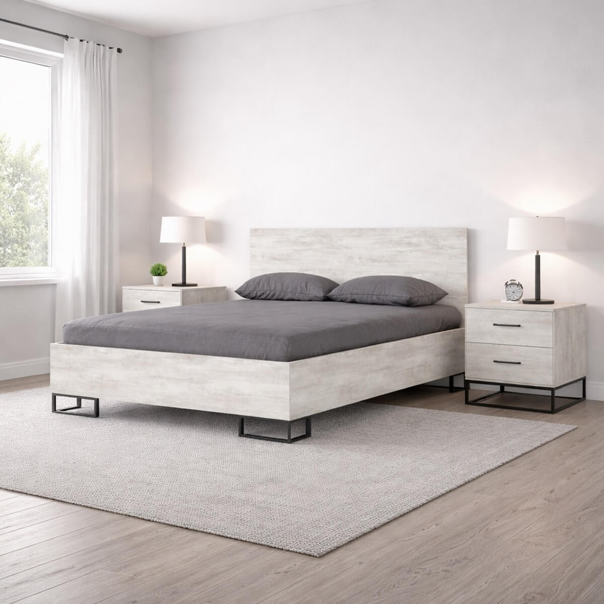 Спальный комплект Ascet: кровать 140х200 и 2 прикроватные тумбы – Ателье светлый