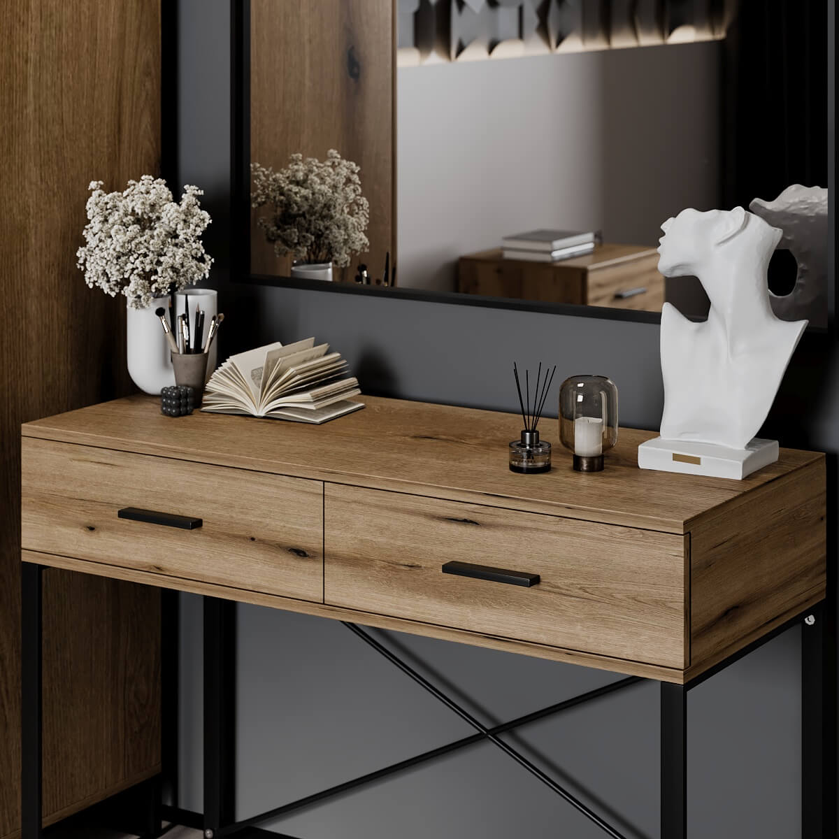 Ascet loft-style makeup table 102x77.5x42.5 cm – Evoke Oak