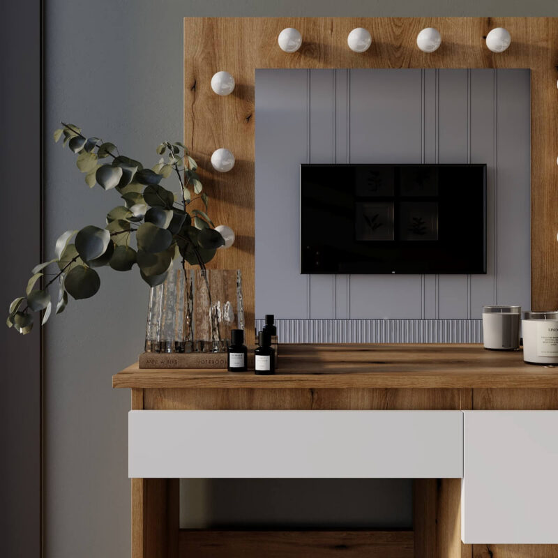 Beauty Dressing Table with Mirror and Lights 94x140/75x43 cm – Evoke Oak / White Diamond