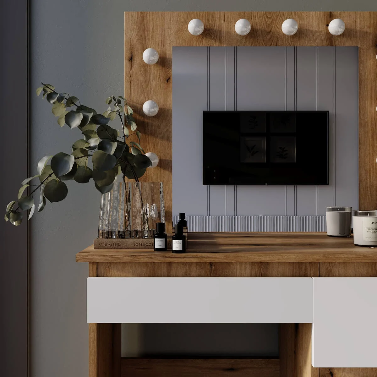 Beauty Dressing Table with Mirror and Lights 94x140/75x43 cm – Evoke Oak / White Diamond
