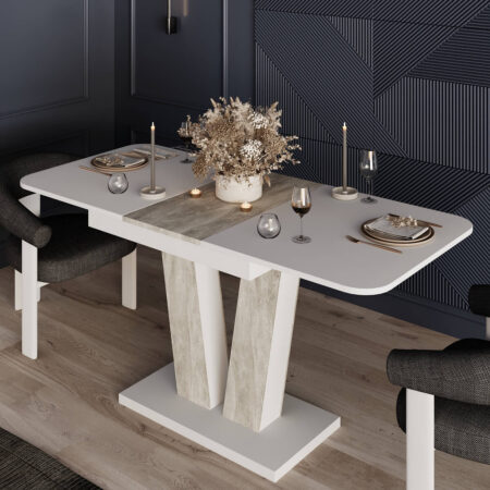 Обеденный стол трансформер Vendi 140(180)x75x80 см – Ателье светлый / Белый бриллиант