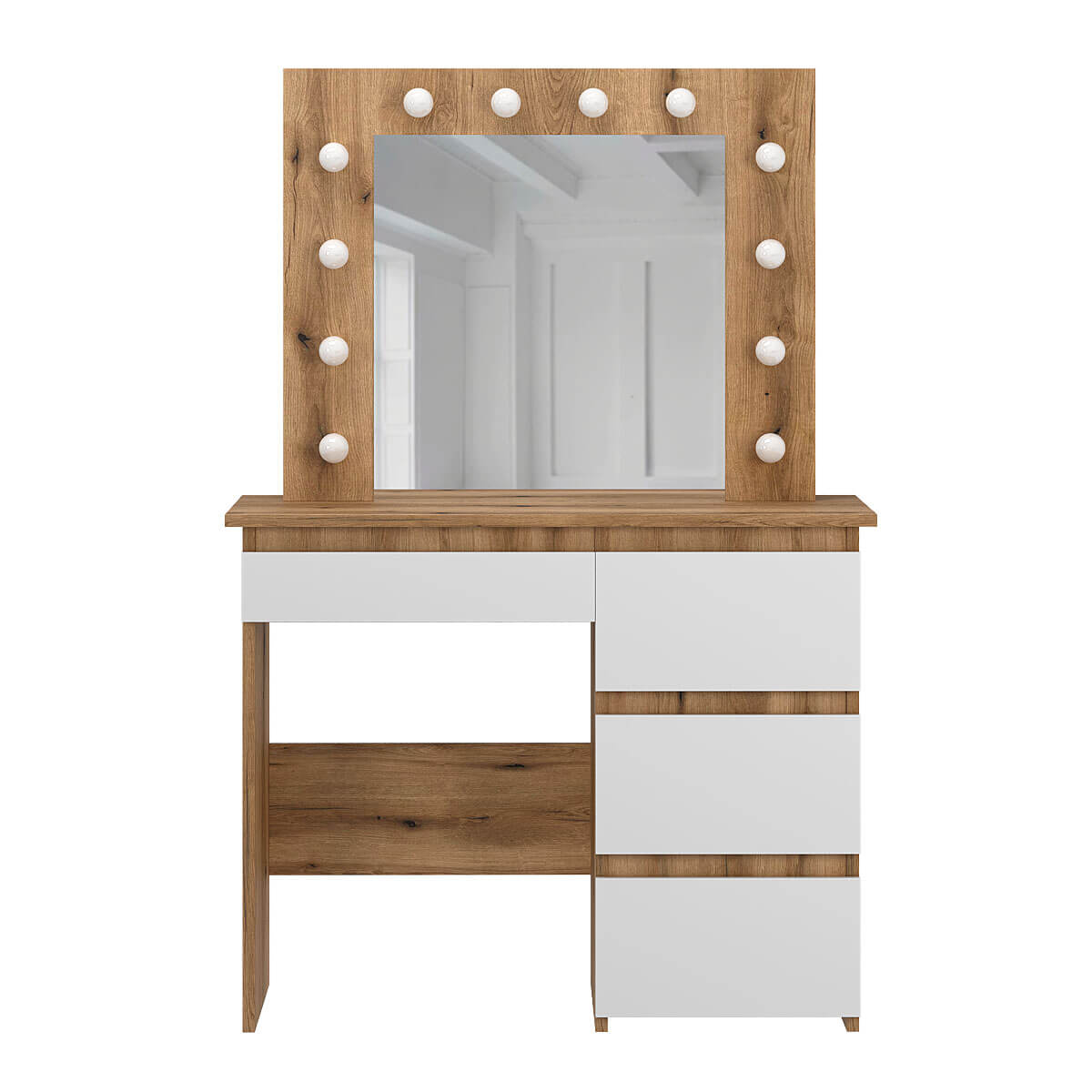 Столик для макияжа с зеркалом и подсветкой Beauty 94x140/75x43 см – Дуб Эвок / Белый бриллиант