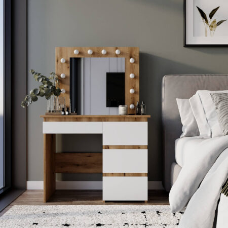 Столик для макіяжу з дзеркалом і підсвіткою Beauty 94x140/75x43 см – Дуб Евок / Білий діамант