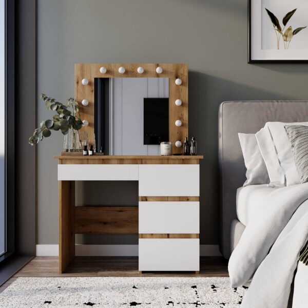 Столик для макияжа с зеркалом и подсветкой Beauty 94x140/75x43 см – Дуб Эвок / Белый бриллиант