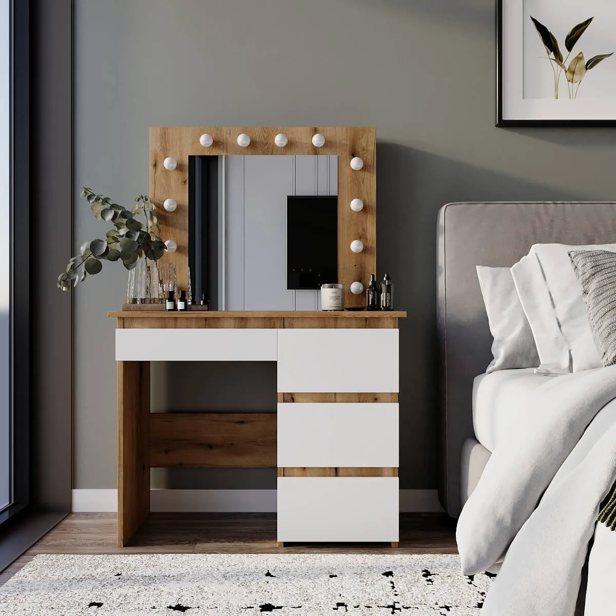 Beauty dressing table with mirror and lights 94x140/75x43 cm – Evoke Oak / White Diamond