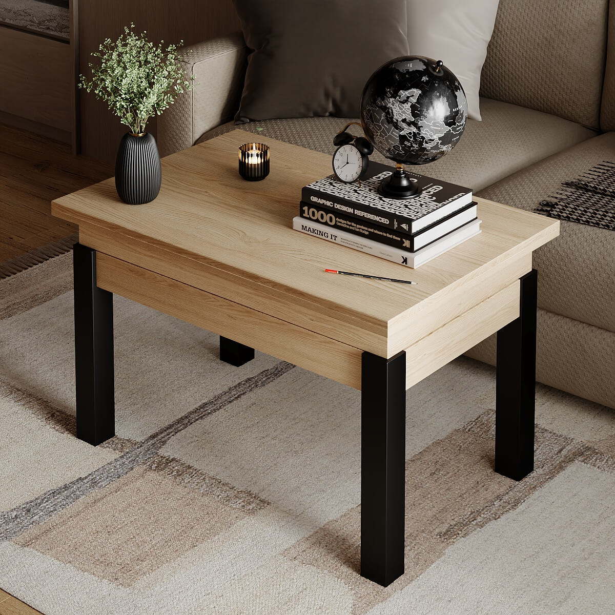 B-Fly coffee table to dining table 120x75x90 cm – Arena Oak Light / Wenge