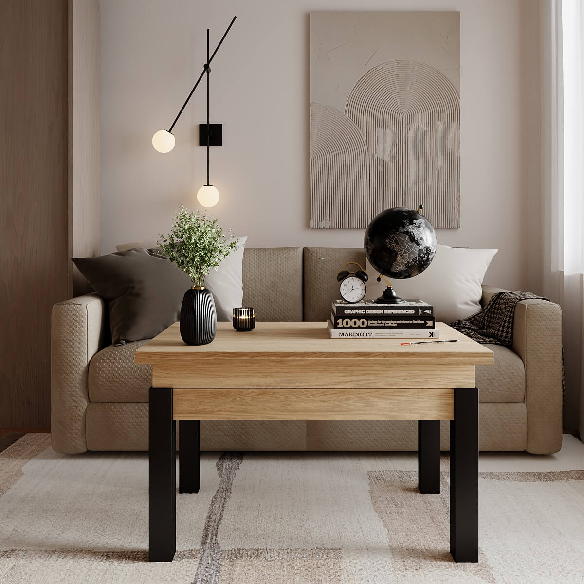 B-Fly coffee table to dining table 120x75x90 cm – Arena Oak Light / Wenge