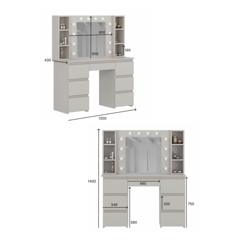 Туалетный столик с зеркалом и подсветкой Kler 120x140/75x43 см - габариты