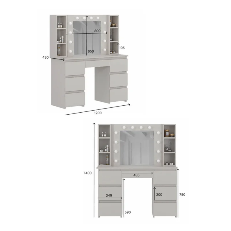 Туалетный столик с зеркалом и подсветкой Kler 120x140/75x43 см - габариты