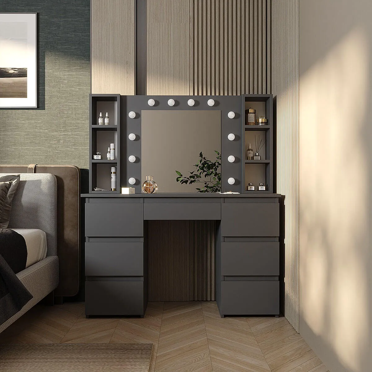 Kler Hollywood Dressing Table with LED Mirror & Storage 120x140/75x43 cm – Graphite