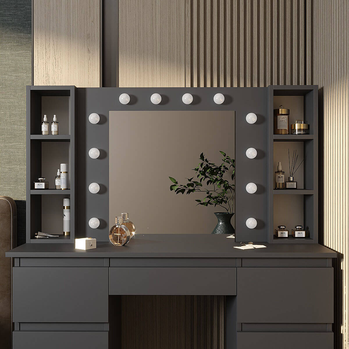 Туалетний стіл з дзеркалом і підсвіткою Kler 120x140/75x43 см – Графіт