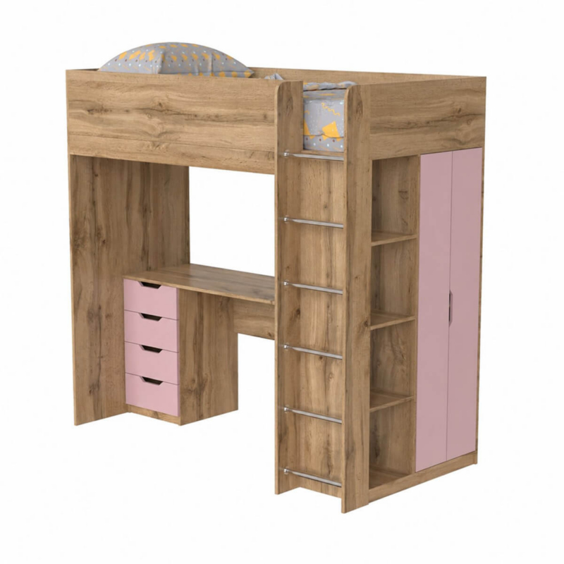 Binky DUS33 Loft Bed with Ladder 193x182x100 cm – Craft Gold Oak / Pink