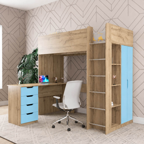 Дитяче ліжко горище Binky ДЮС33 193x182x100 см – Дуб Крафт золотий / Блакитна лагуна