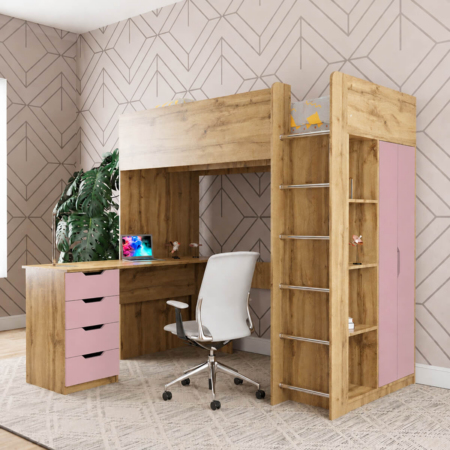 Binky DUS33 Loft Bed with Ladder 193x182x100 cm – Craft Gold Oak / Pink