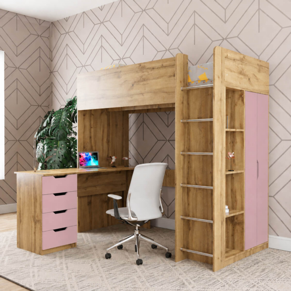 Дитяче ліжко горище Binky ДЮС33 193x182x100 см – Дуб Крафт золотий / Рожевий