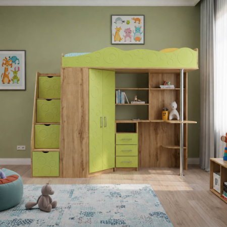 Ліжко горище дитяче Binky ДС37А 233x180x83 см – Дуб Крафт золотий / Лайм